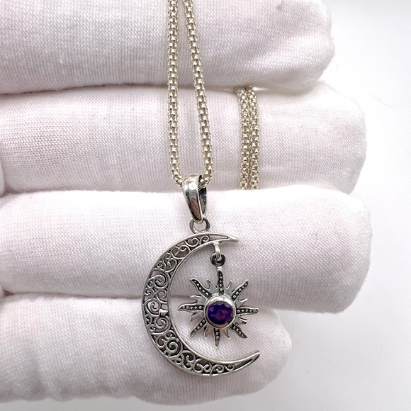 Genuine Amethyst .925 Sterling Silver Moon Necklace - Picture 5 of 13